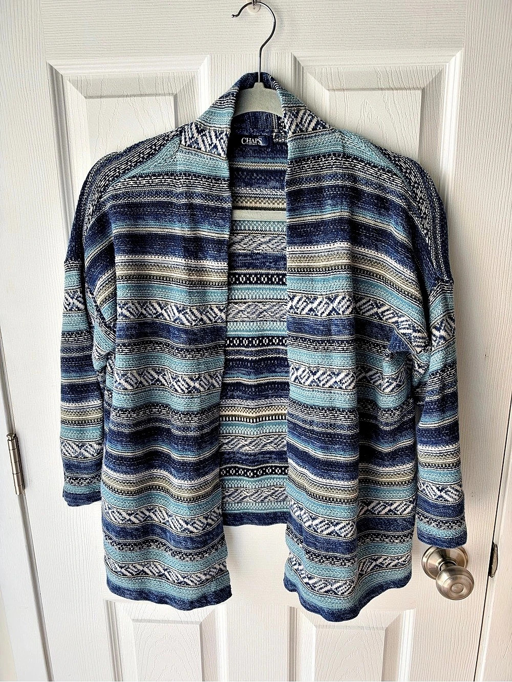 Chaps Geometric Western Style Open Front Cardigan in Blue & Turquoise